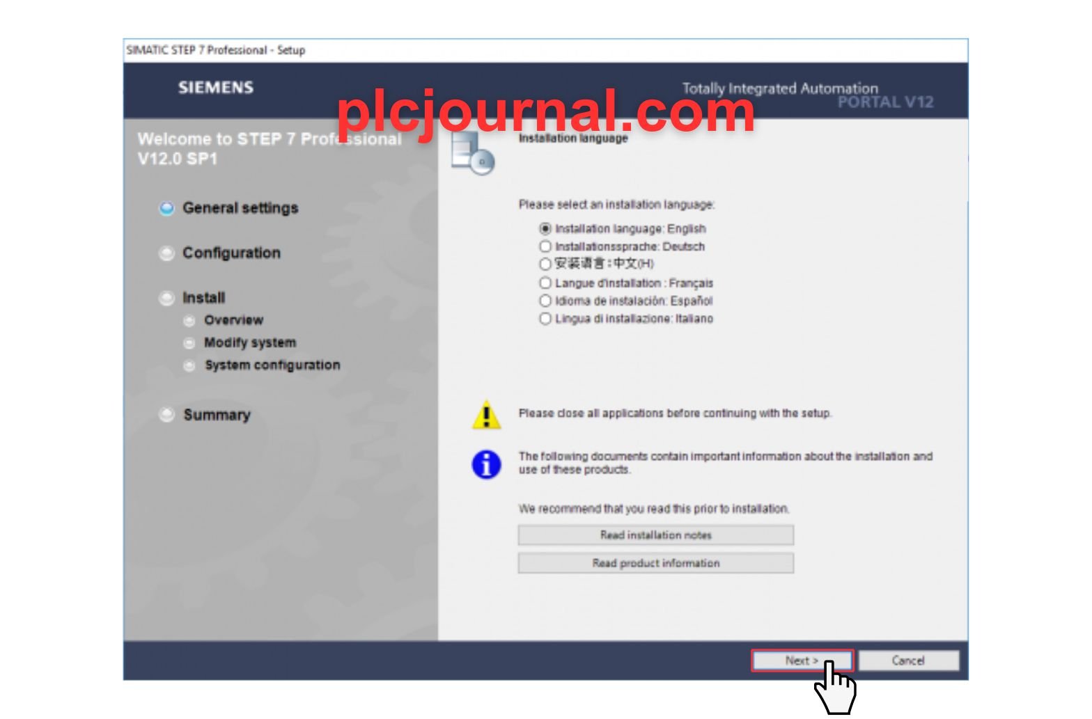 Step-by-step installation of TIA PORTAL V12 software on Windows.