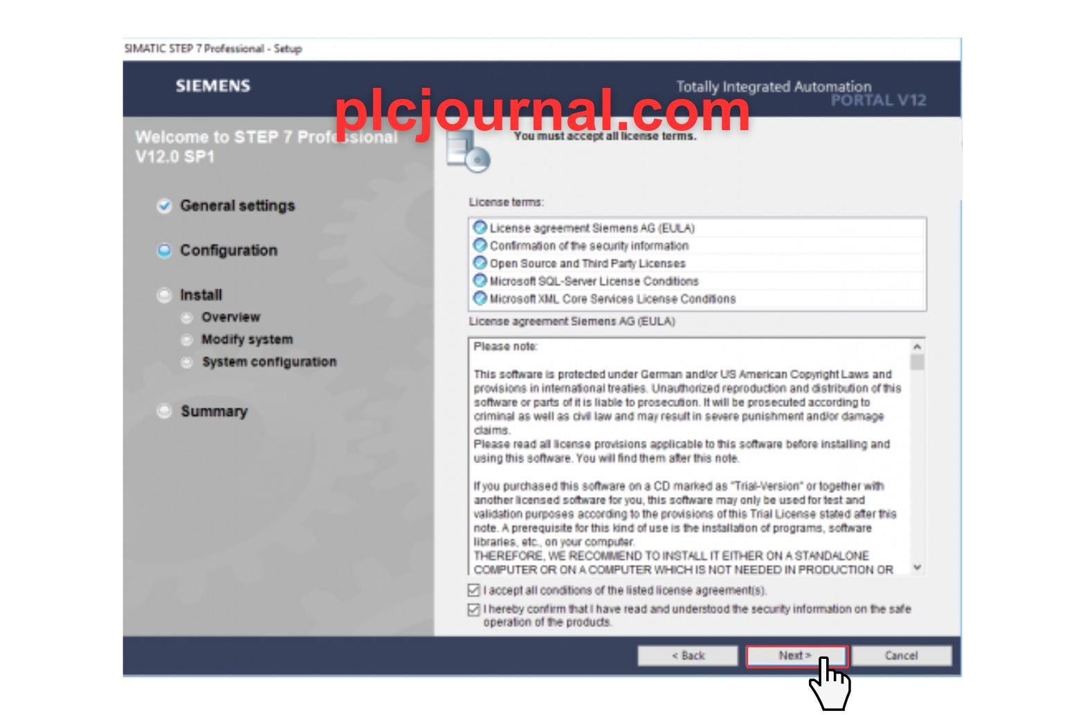 Step-by-step installation of TIA PORTAL V12 software on Windows.